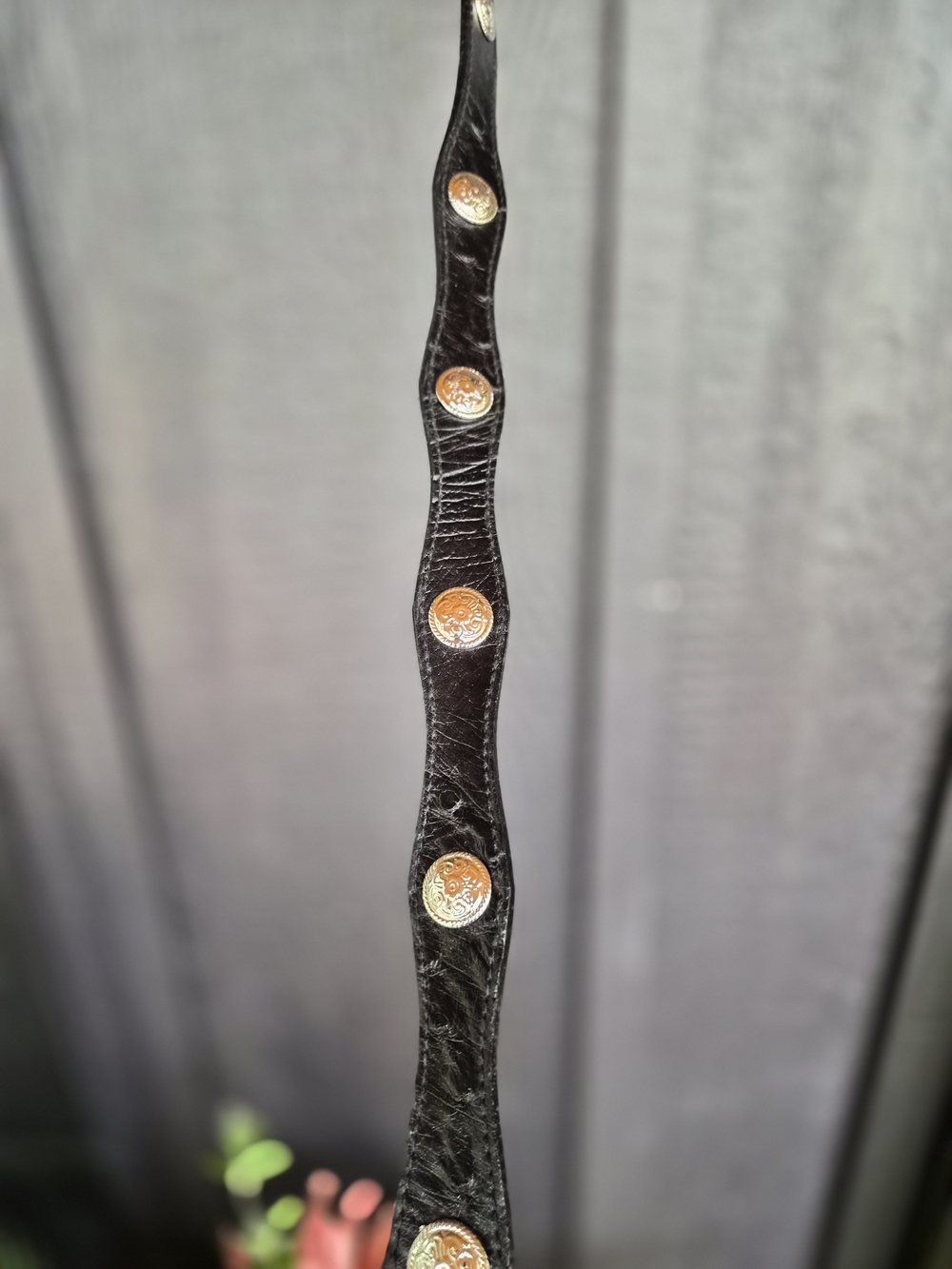 Classic Black Leather Women’s Belt with Gold Medallion Accents
